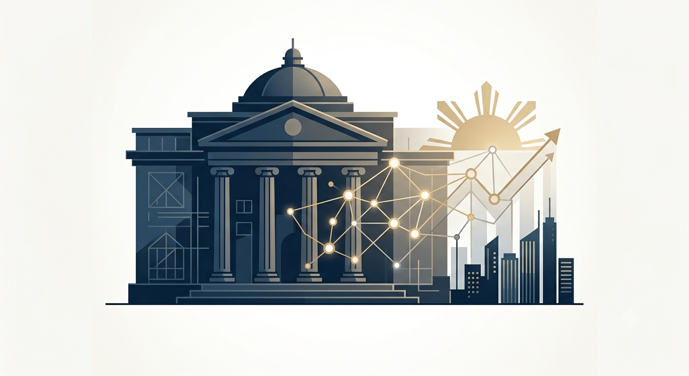 Illustration of a Philippine government building, blockchain network, and rising market chart